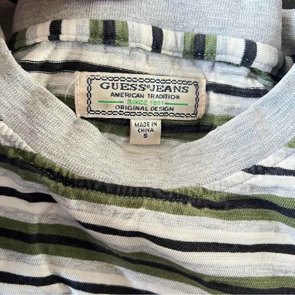 Vintage Guess Jeans USA Green Gray Stripe Logo T-Shirt Size S Y2K 90s Style - Picture 7 of 7